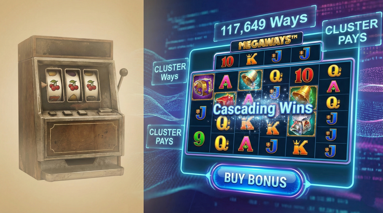 Сравнение старого 3-барабанного автомата и современного слота с механикой Megaways, каскадными выигрышами и кнопкой покупки бонуса.